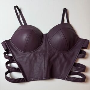 Faux Leather Longline Bustier Bra in Deep Plum